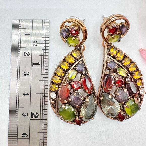 PJM China Colorful Glass Rhinestone Paisley Drop Big Statement Earrings Signed - Picture 11 of 14